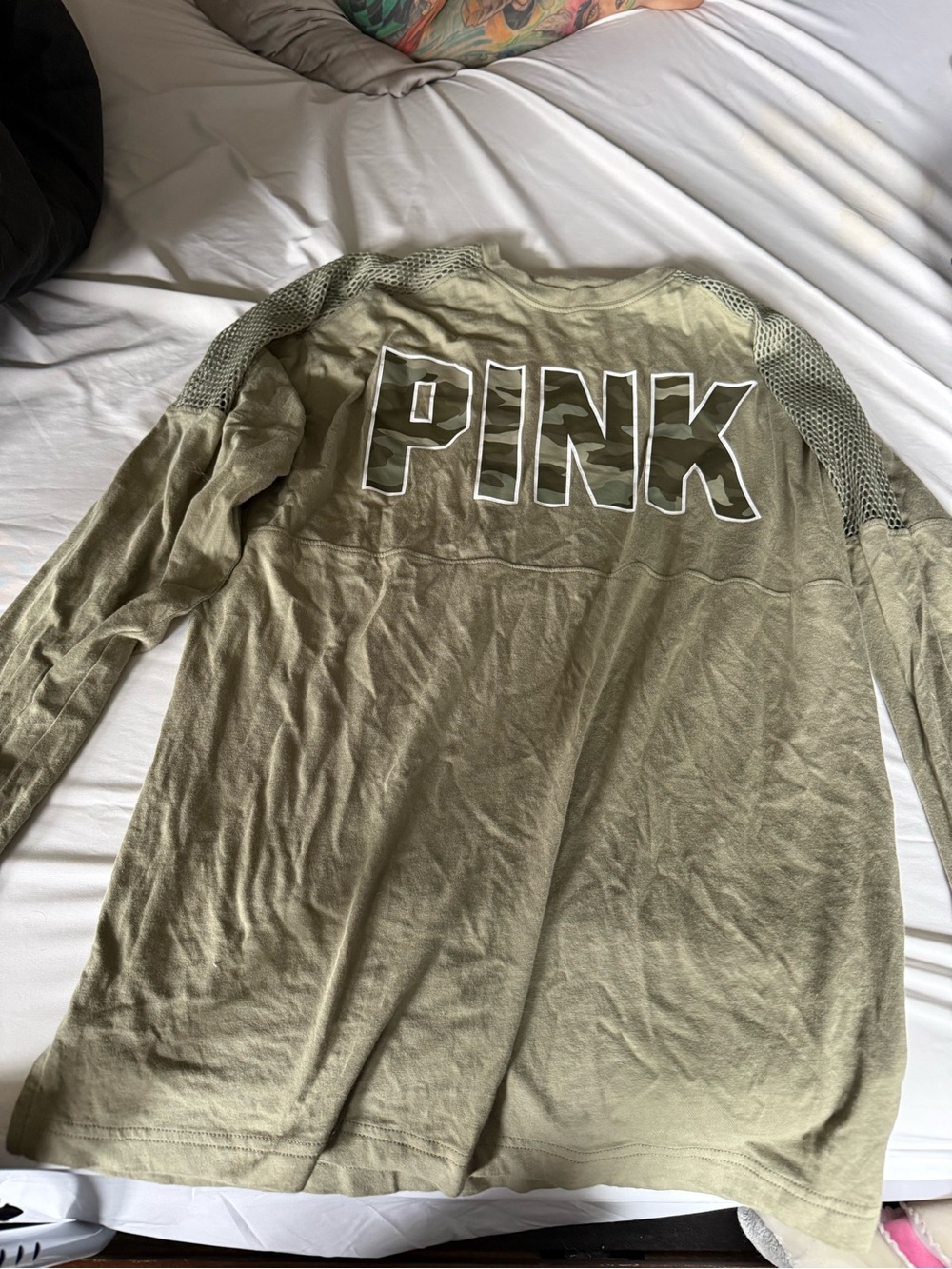 PINK Victoria's Secret Olive Green Long Sleeve Mesh Shoulder Tee